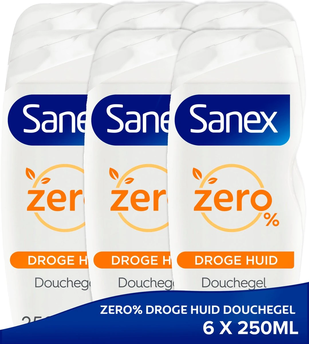Sanex Zero% Droge Huid Douchegel - 6 X 250ml - Voordeelverpakking 3 Sanex Zero% Droge Huid Douchegel - 6 X 250ml - Voordeelverpakking