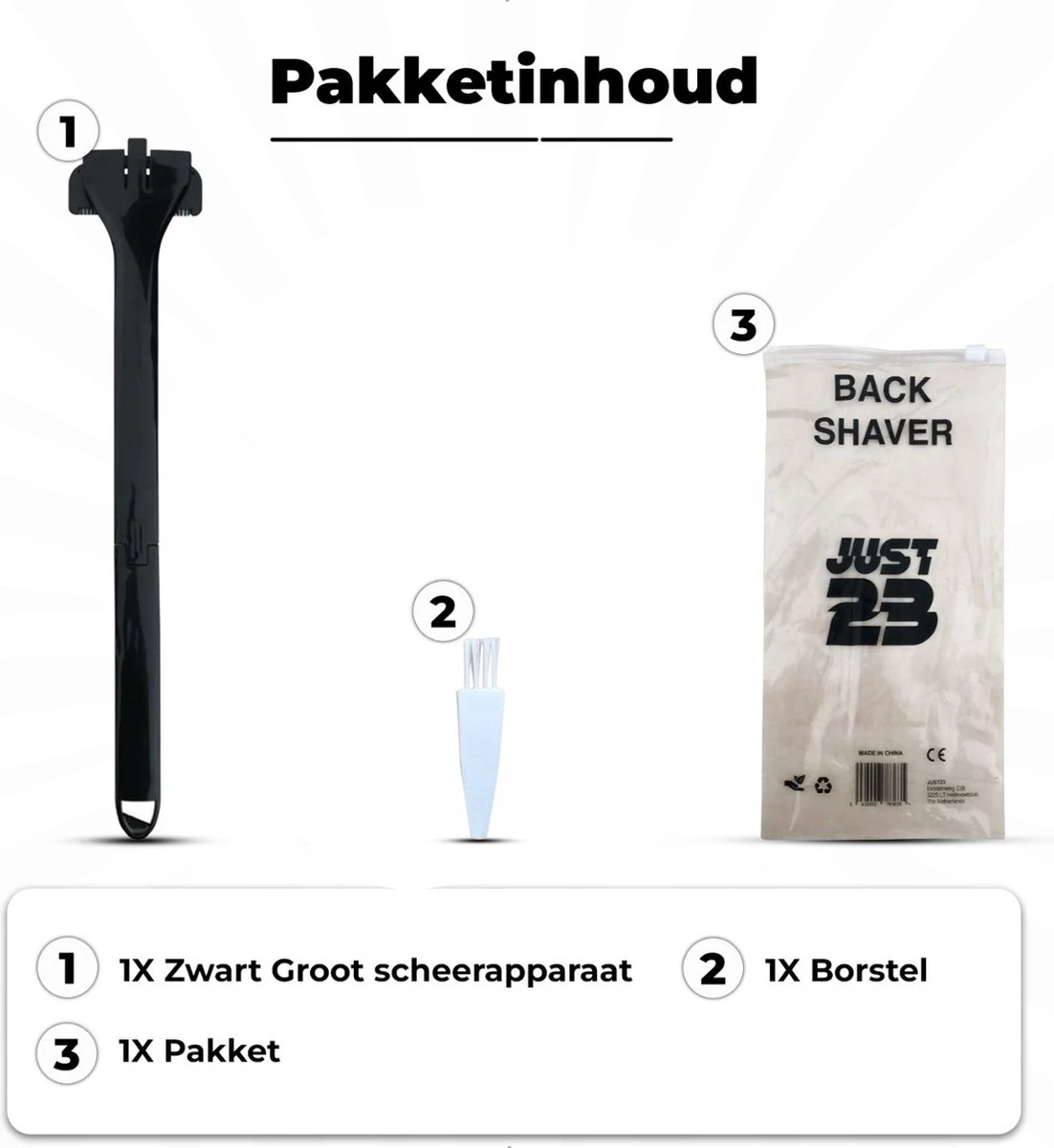 JUST23 Back Shaver - Rug Scheermes - Rughaar Verwijderaar - Rug Scheren - Inklapbaar - Incl. Schoonmaak Borstel 8 JUST23 Back Shaver - Rug Scheermes - Rughaar Verwijderaar - Rug Scheren - Inklapbaar - Incl. Schoonmaak Borstel - Afbeelding 6