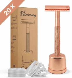 Bamboozy Safety Razor Met Houder RVS + 20 Scheermesjes Rose Gold Goud Voor Vrouwen Dames Mannen Double Edge Zero Waste Duurzaam Scheren