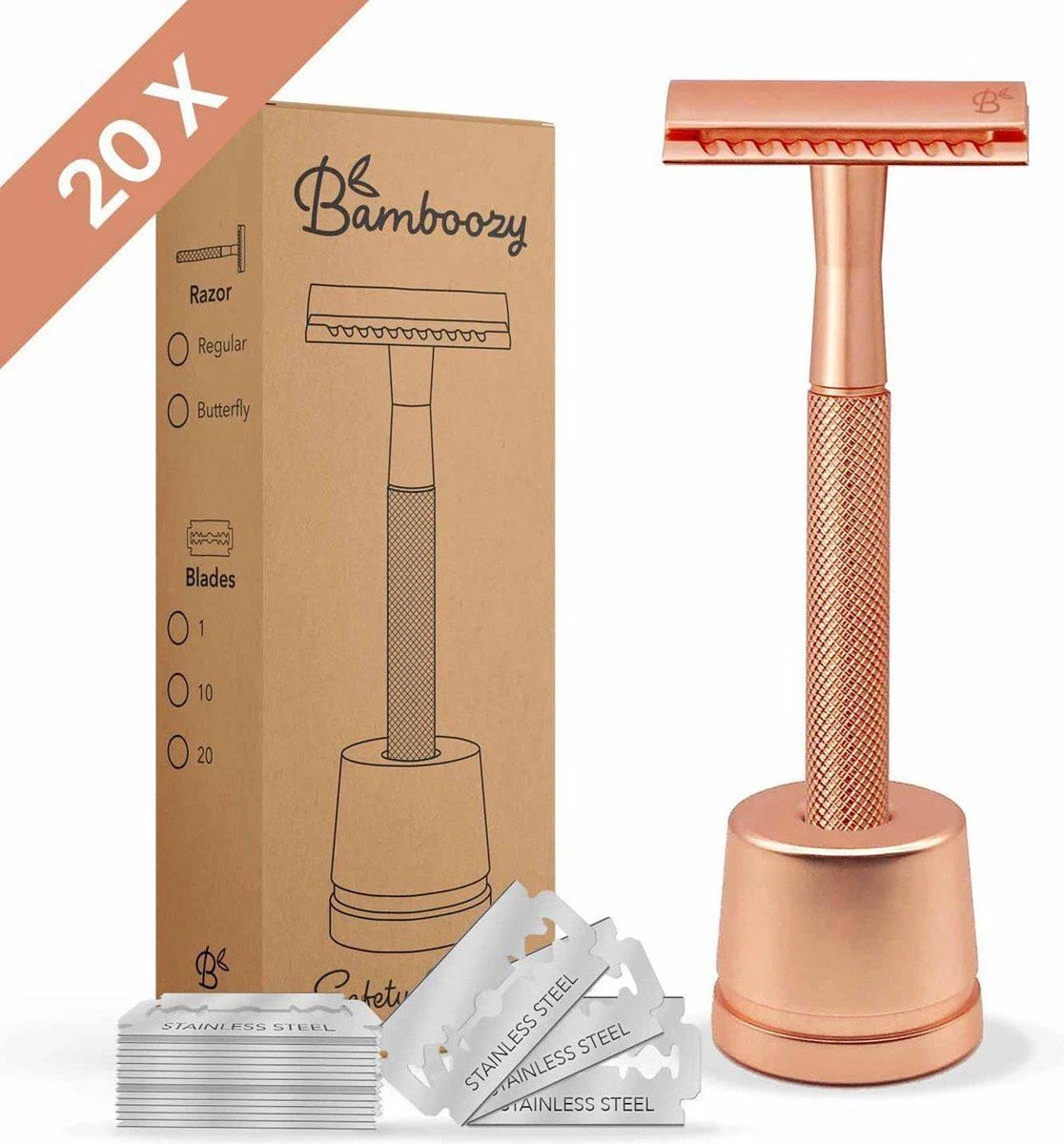 Bamboozy Safety Razor Met Houder RVS + 20 Scheermesjes Rose Gold Goud Voor Vrouwen Dames Mannen Double Edge Zero Waste Duurzaam Scheren 3 Bamboozy Safety Razor Met Houder RVS + 20 Scheermesjes Rose Gold Goud Voor Vrouwen Dames Mannen Double Edge Zero Waste Duurzaam Scheren