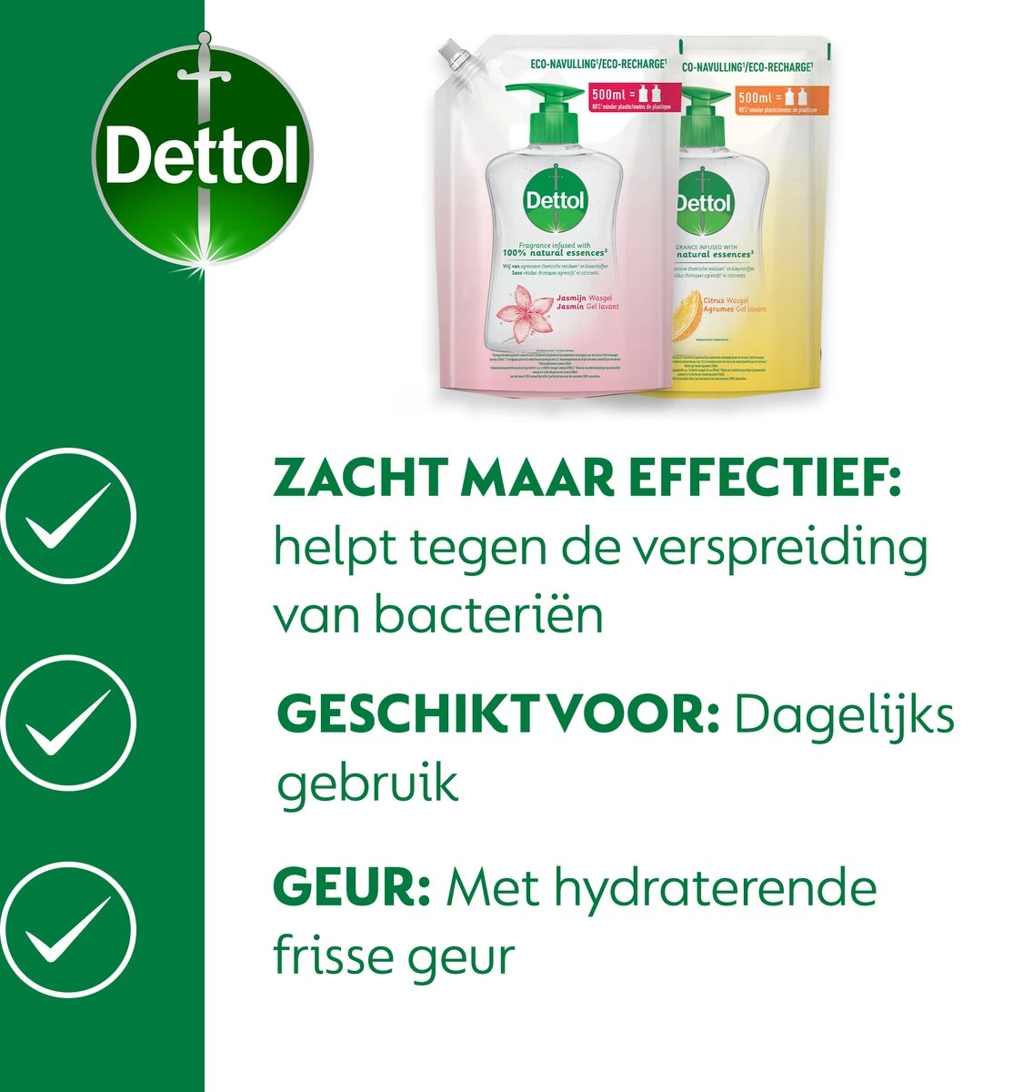 Dettol - 3L Handzeep Navulling - Antibacterieel - Jasmijn 3x500ml - Citrus 3x500ml - Voordeelverpakking 4 Dettol - 3L Handzeep Navulling - Antibacterieel - Jasmijn 3x500ml - Citrus 3x500ml - Voordeelverpakking - Afbeelding 2