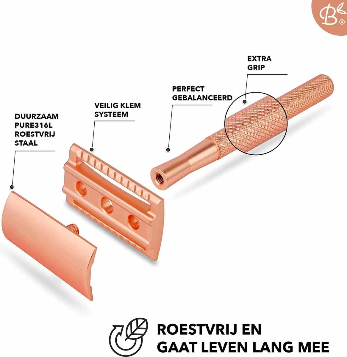 Bamboozy Safety Razor Met Houder RVS + 20 Scheermesjes Rose Gold Goud Voor Vrouwen Dames Mannen Double Edge Zero Waste Duurzaam Scheren 4 Bamboozy Safety Razor Met Houder RVS + 20 Scheermesjes Rose Gold Goud Voor Vrouwen Dames Mannen Double Edge Zero Waste Duurzaam Scheren - Afbeelding 2