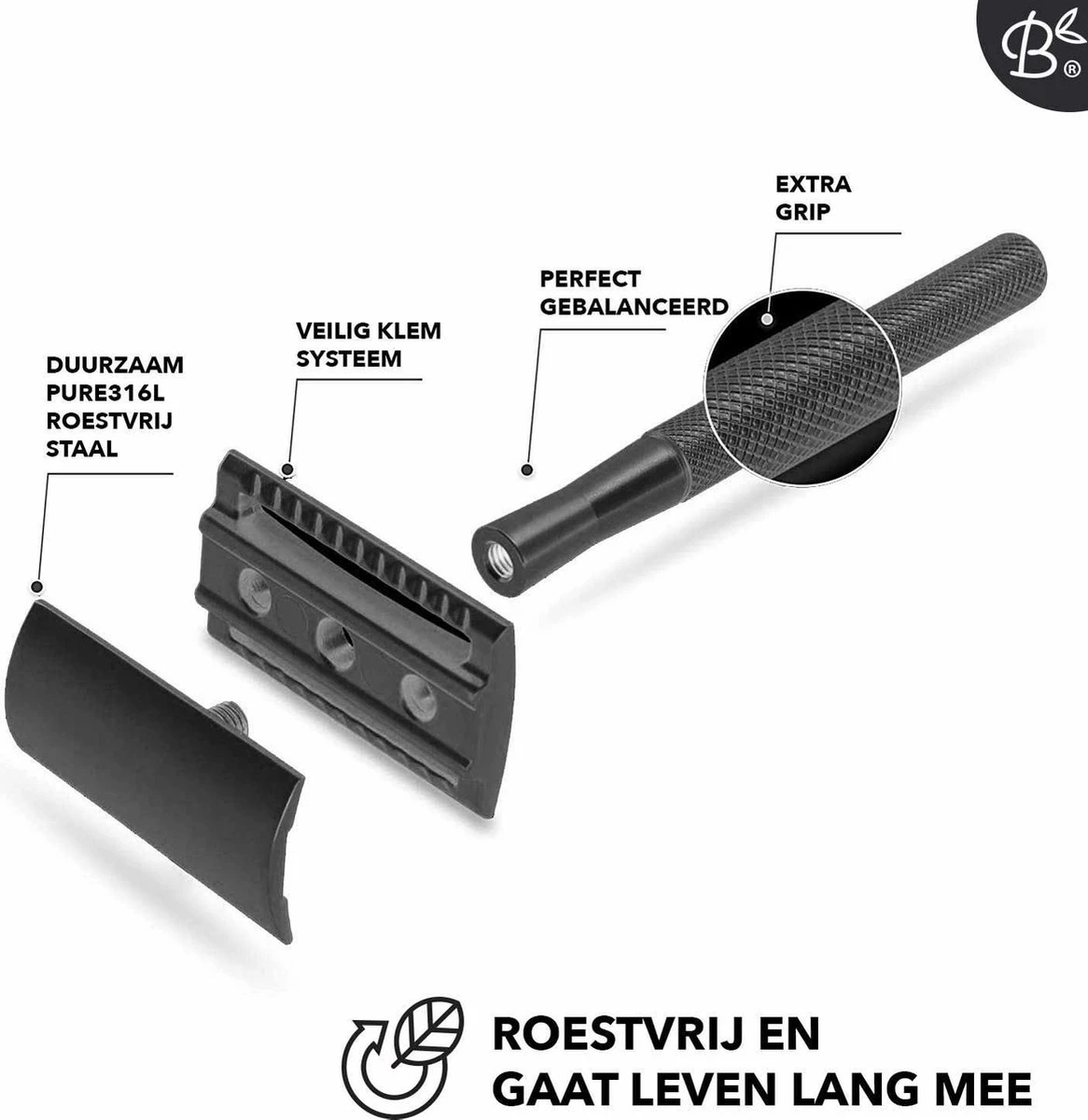 Bamboozy Safety Razor RVS + 20 Scheermesjes Mat Zwart Unisex Mannen Vrouwen Double Edge Single Blade Zero Waste Duurzaam Scheren 10 Bamboozy Safety Razor RVS + 20 Scheermesjes Mat Zwart Unisex Mannen Vrouwen Double Edge Single Blade Zero Waste Duurzaam Scheren - Afbeelding 8