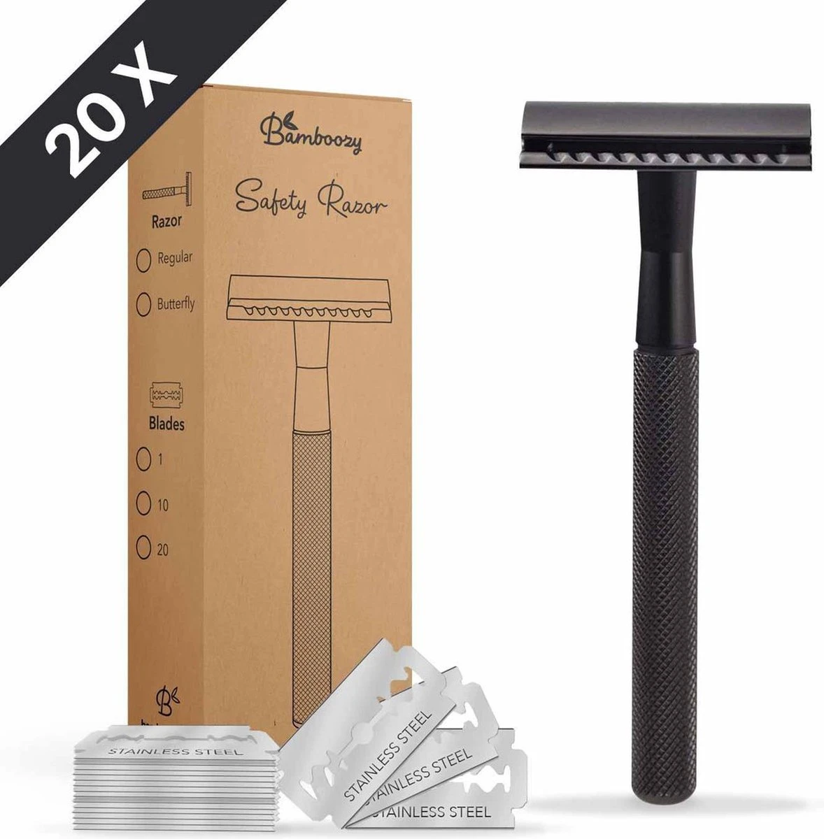 Bamboozy Safety Razor RVS + 20 Scheermesjes Mat Zwart Unisex Mannen Vrouwen Double Edge Single Blade Zero Waste Duurzaam Scheren 3 Bamboozy Safety Razor RVS + 20 Scheermesjes Mat Zwart Unisex Mannen Vrouwen Double Edge Single Blade Zero Waste Duurzaam Scheren
