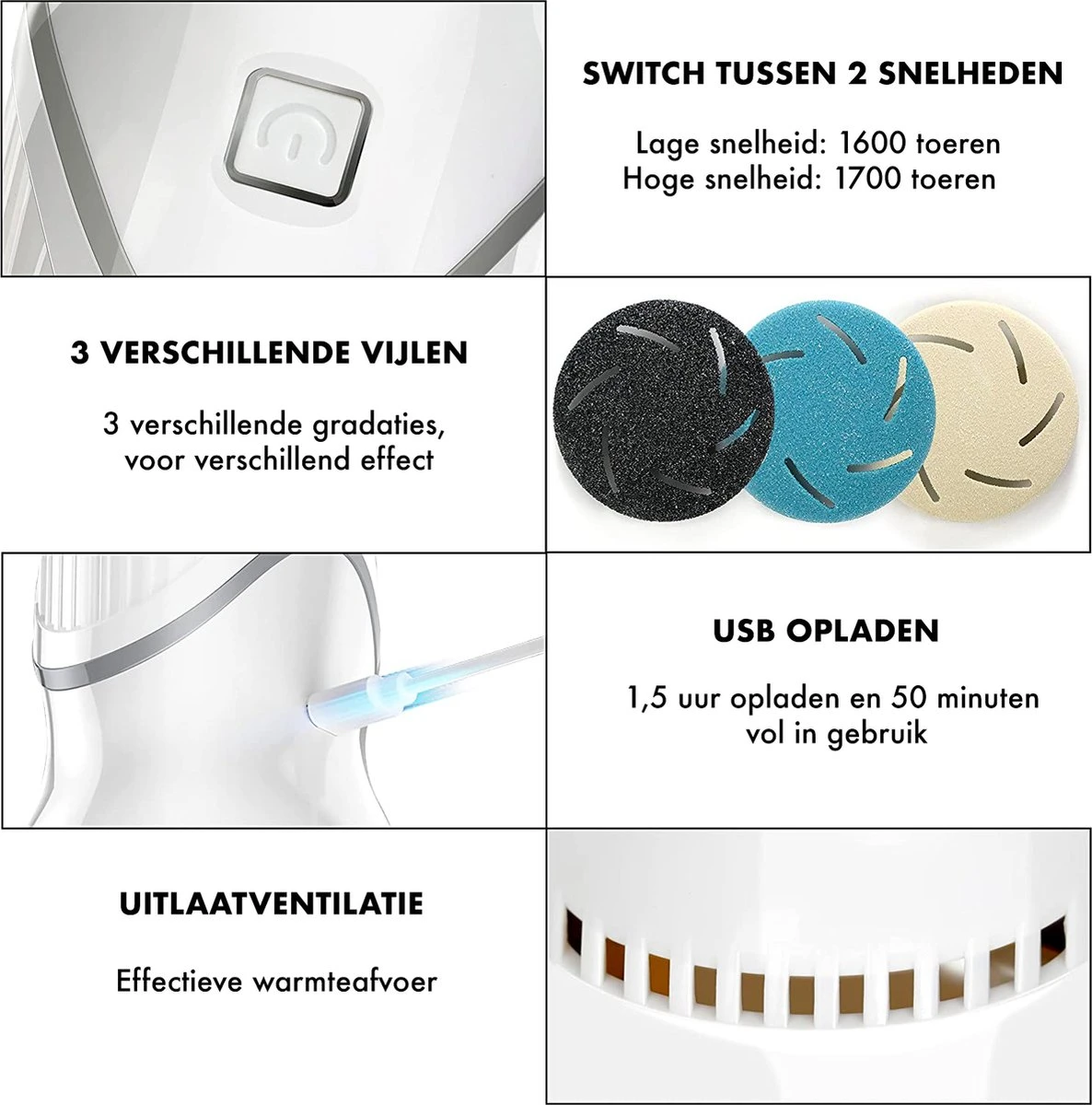 DynaBright Elektrische Eeltverwijderaar Met Stofzuigsysteem - Inc. 3 Vlijlschijven - 2 Standen - Voetvijl - Eeltvijl - Eelt Verwijderaar -USB Oplaadbaar - Geïntegreerde Zuigfunctie 9 DynaBright Elektrische Eeltverwijderaar Met Stofzuigsysteem - Inc. 3 Vlijlschijven - 2 Standen - Voetvijl - Eeltvijl - Eelt Verwijderaar -USB Oplaadbaar - Geïntegreerde Zuigfunctie - Afbeelding 7