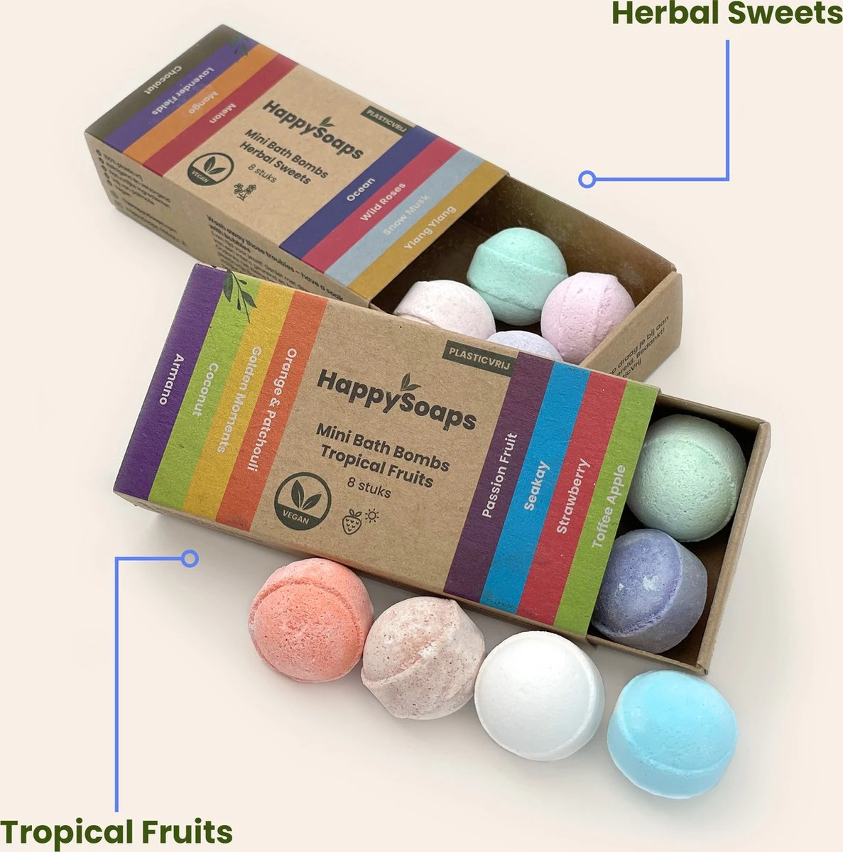 HappySoaps Mini Bath Bombs - Tropical Fruits - 8 Bruisballen In Verschillende Tropische Geuren - 100% Plasticvrij, Vegan & Natuurlijk 5 HappySoaps Mini Bath Bombs - Tropical Fruits - 8 Bruisballen In Verschillende Tropische Geuren - 100% Plasticvrij, Vegan & Natuurlijk - Afbeelding 3