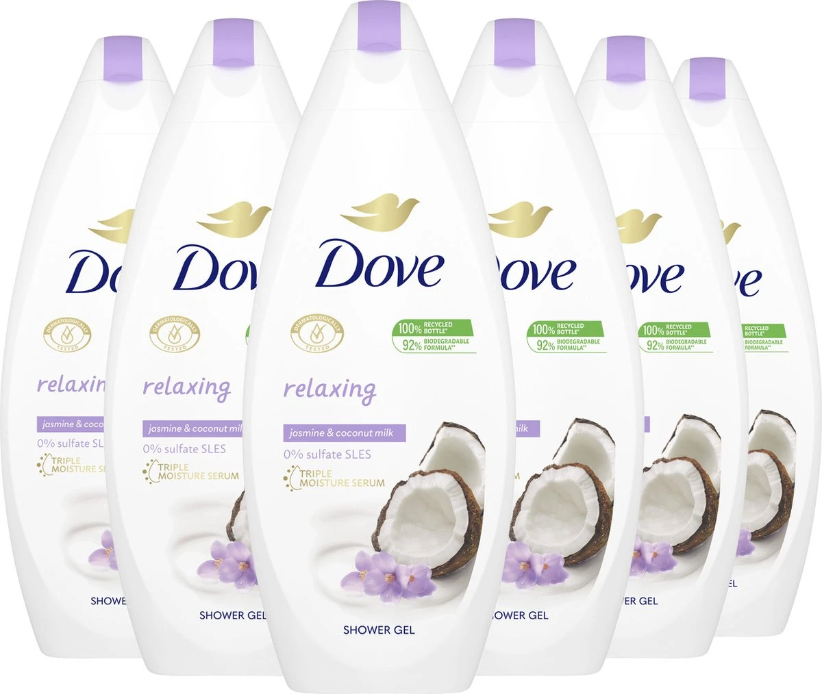 Dove Kokosmelk & Jasmijnblaadjes Relaxing Douchegel - Voordeelverpakking - 6 X 250 Ml 4 Dove Kokosmelk & Jasmijnblaadjes Relaxing Douchegel - Voordeelverpakking - 6 X 250 Ml - Afbeelding 2