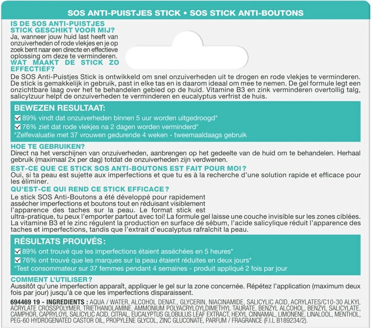 Garnier Skinactive Face SOS Anti-Puistjes Stick - 10 Ml - Tegen Puistjes, Onzuiverheden En Rode Vlekjes 6 Garnier Skinactive Face SOS Anti-Puistjes Stick - 10 Ml - Tegen Puistjes, Onzuiverheden En Rode Vlekjes - Afbeelding 4