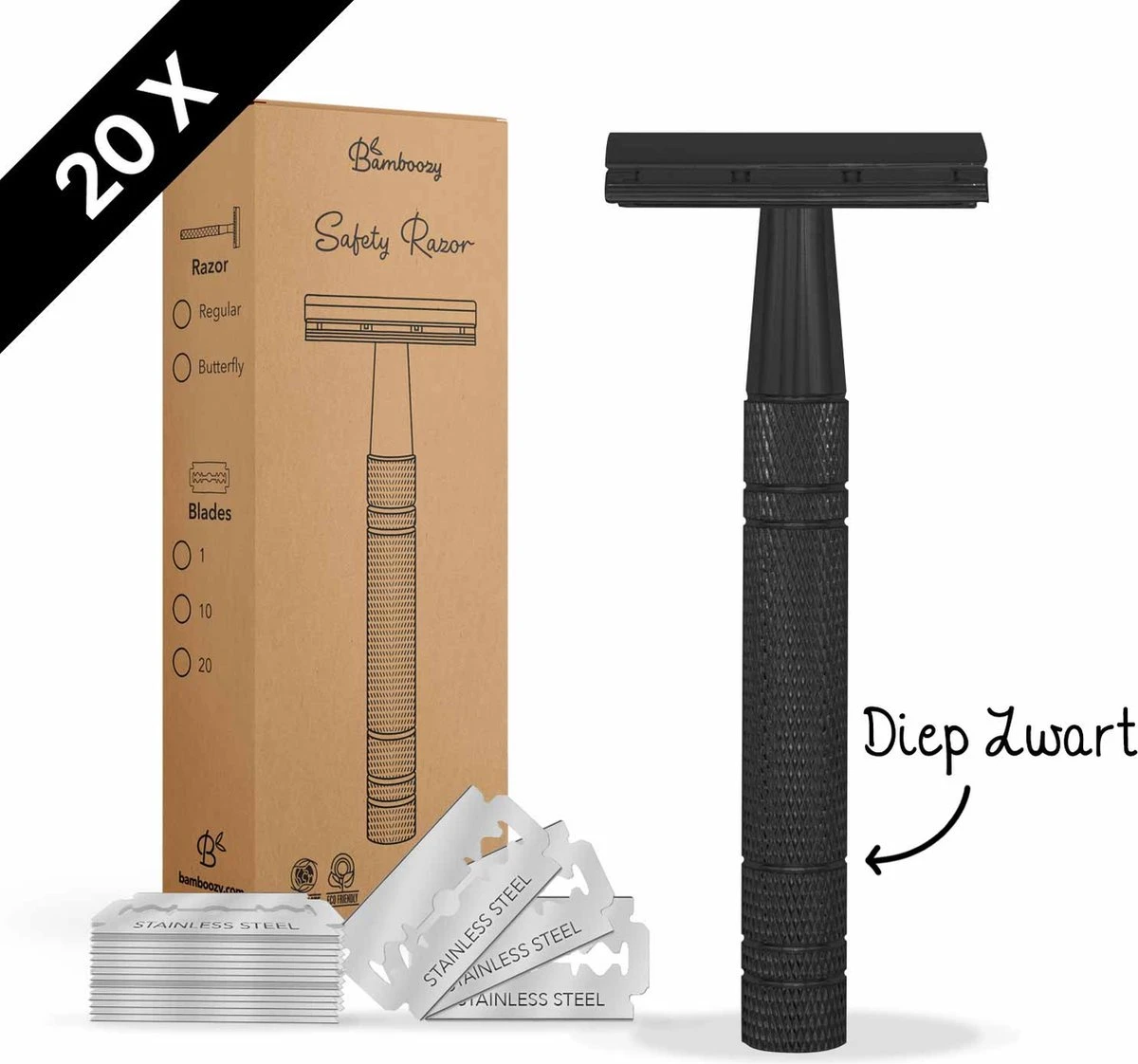 Bamboozy Safety Razor + 20 Scheermesjes Aluminium Zwart Black Unisex Voor Mannen Vrouwen Scheermes 3 Bamboozy Safety Razor + 20 Scheermesjes Aluminium Zwart Black Unisex Voor Mannen Vrouwen Scheermes