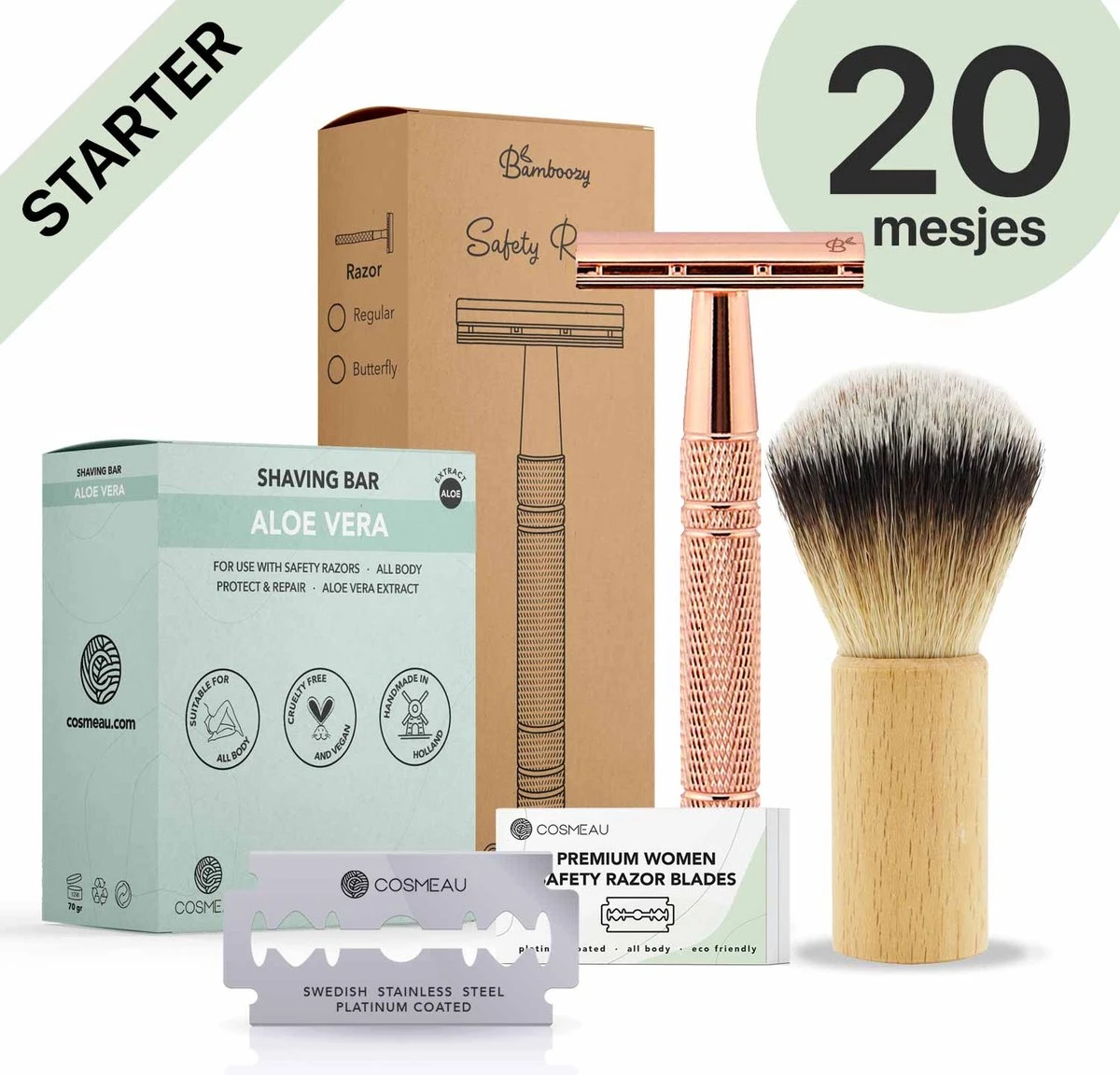Safety Razor Starterkit Aluminium Voor Vrouw Rose Gold Goud - 20 Mesjes - Scheerkwast - Scheerzeep - Scheren Starterset 3 Safety Razor Starterkit Aluminium Voor Vrouw Rose Gold Goud - 20 Mesjes - Scheerkwast - Scheerzeep - Scheren Starterset