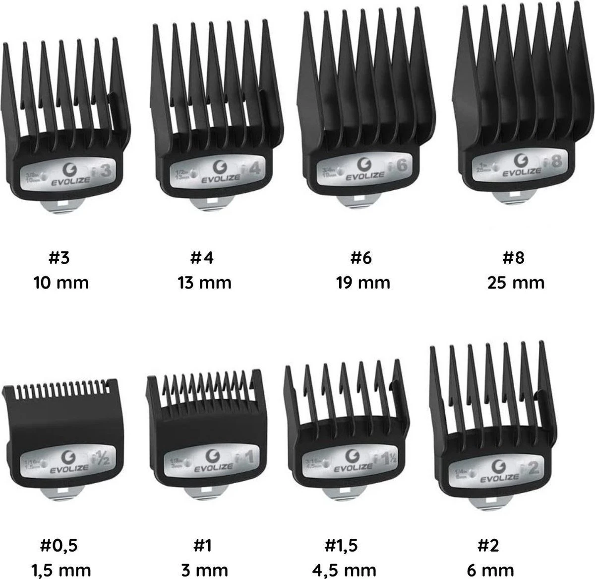 Evolize Professionele Premium Opzetkammen Voor Tondeuse - Opzetstukken Geschikt Voor Wahl Type 1 - Inclusief Fade Guards 0.5 En 1.5 - 8 Stuks - Nr. 1, 2, 3, 4, 6 En 8 - 1.5mm T/m 25mm - Zwart 4 Evolize Professionele Premium Opzetkammen Voor Tondeuse - Opzetstukken Geschikt Voor Wahl Type 1 - Inclusief Fade Guards 0.5 En 1.5 - 8 Stuks - Nr. 1, 2, 3, 4, 6 En 8 - 1.5mm T/m 25mm - Zwart - Afbeelding 2