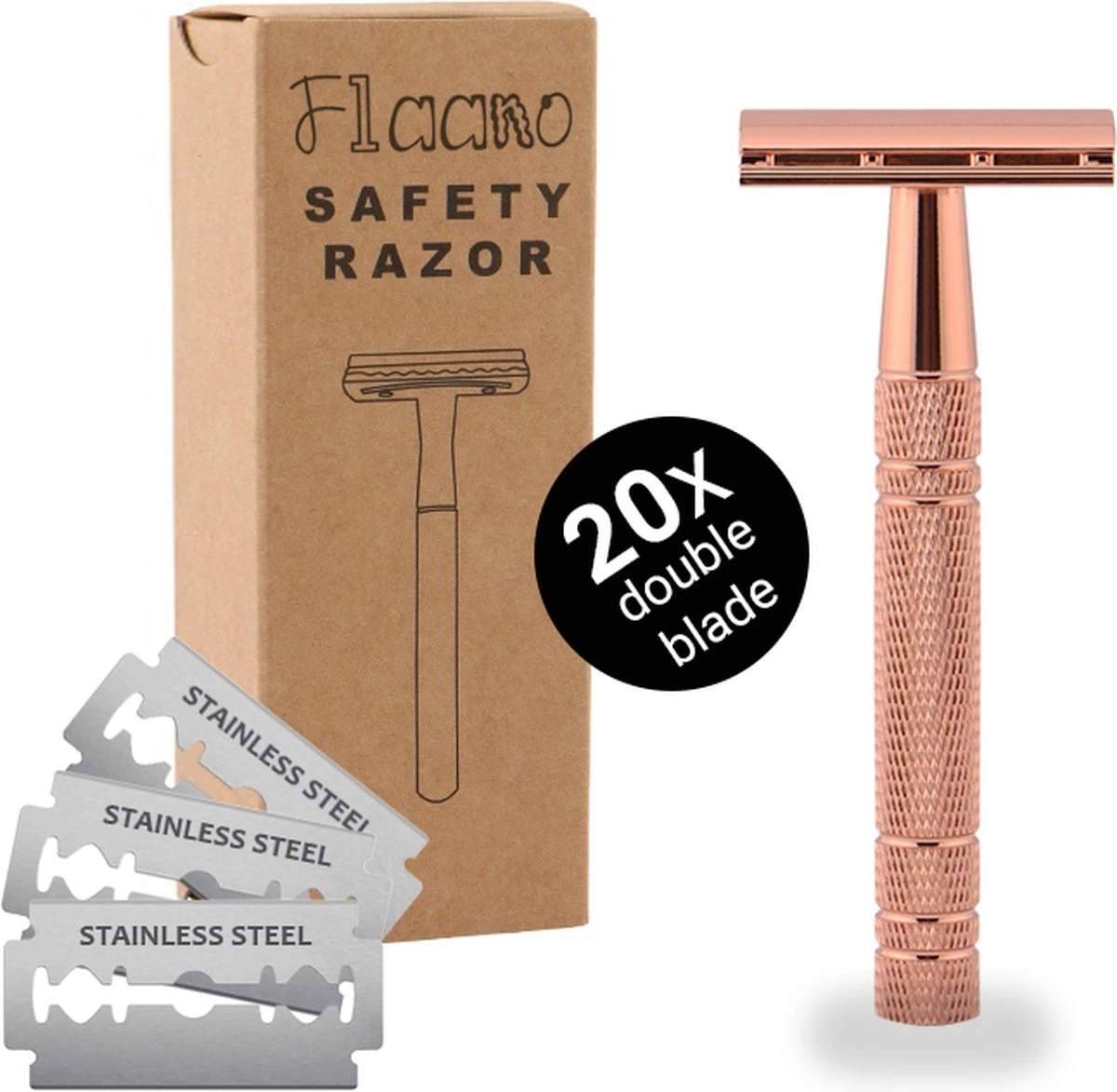 Safety Razor Scheermes + 20 Scheermesjes - Aluminium - Rose - Double Blade 3 Safety Razor Scheermes + 20 Scheermesjes - Aluminium - Rose - Double Blade