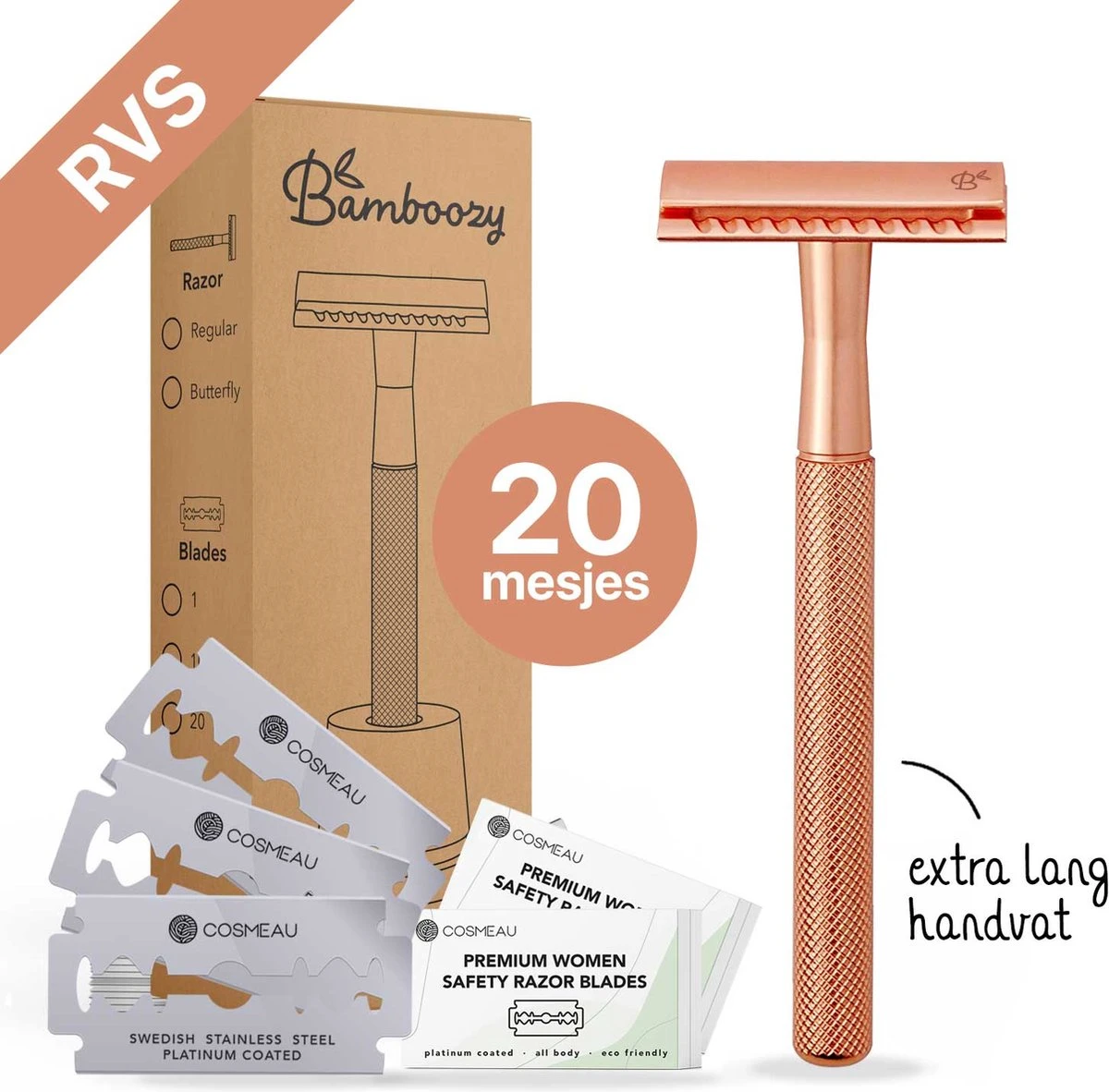 Bamboozy Safety Razor RVS + 20 Scheermesjes Rose Gold Goud Voor Vrouwen Dames Zero Waste Duurzaam Scheermesje Veiligheidsscheermes 3 Bamboozy Safety Razor RVS + 20 Scheermesjes Rose Gold Goud Voor Vrouwen Dames Zero Waste Duurzaam Scheermesje Veiligheidsscheermes