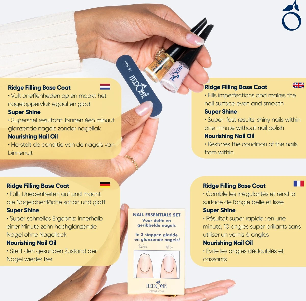 Herome 3 In 1 Manicure Nagelverzorging Set (Nail Essentials Geel) – Nagelset Voor Droge En Geribbelde Nagels – Base Coat, Vijl En Voedende Nagelolie – Voor Egale En Flexibele Nagels 4 Herome 3 In 1 Manicure Nagelverzorging Set (Nail Essentials Geel) – Nagelset Voor Droge En Geribbelde Nagels – Base Coat, Vijl En Voedende Nagelolie – Voor Egale En Flexibele Nagels - Afbeelding 2