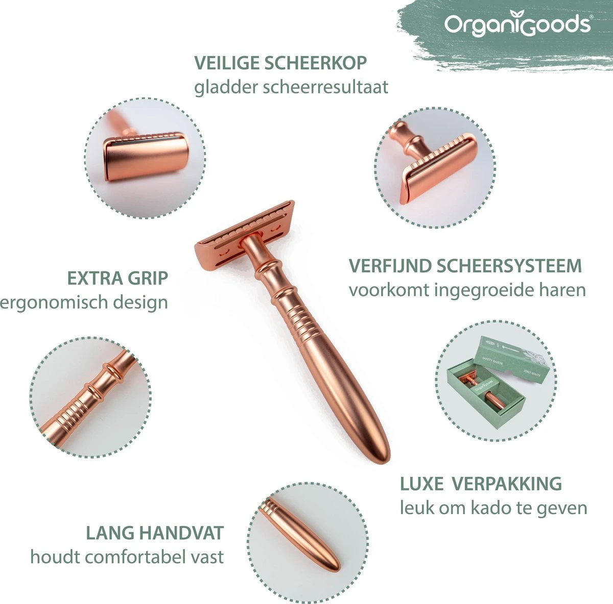 OrganiGoods Safety Razor + 20 Scheermesjes Blades - Safety Razor Voor Vrouwen - Rose Gold Goud Scheermes - Double Edge Single Blade - Veiligheidsscheermes - Duurzaam Scheermesje 6 OrganiGoods Safety Razor + 20 Scheermesjes Blades - Safety Razor Voor Vrouwen - Rose Gold Goud Scheermes - Double Edge Single Blade - Veiligheidsscheermes - Duurzaam Scheermesje - Afbeelding 4