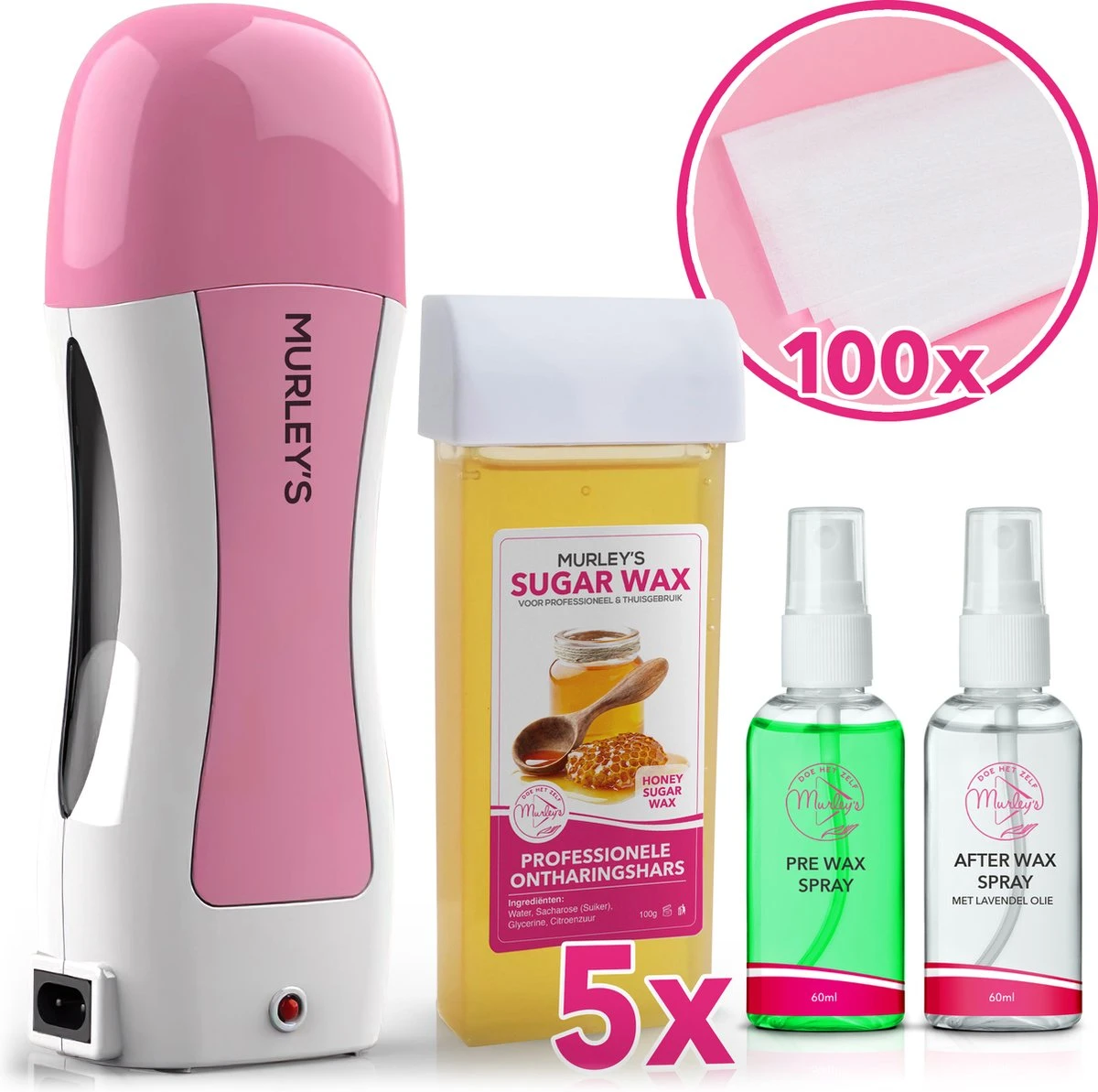 MURLEY'S Wax Apparaat Roll-On Honing Wax Ontharing Set Met 5x Cartridges + Before En After Sprays + 100 Strips- Voor Lichaam En Gezicht - Zwart 3 MURLEY'S Wax Apparaat Roll-On Honing Wax Ontharing Set Met 5x Cartridges + Before En After Sprays + 100 Strips- Voor Lichaam En Gezicht - Zwart