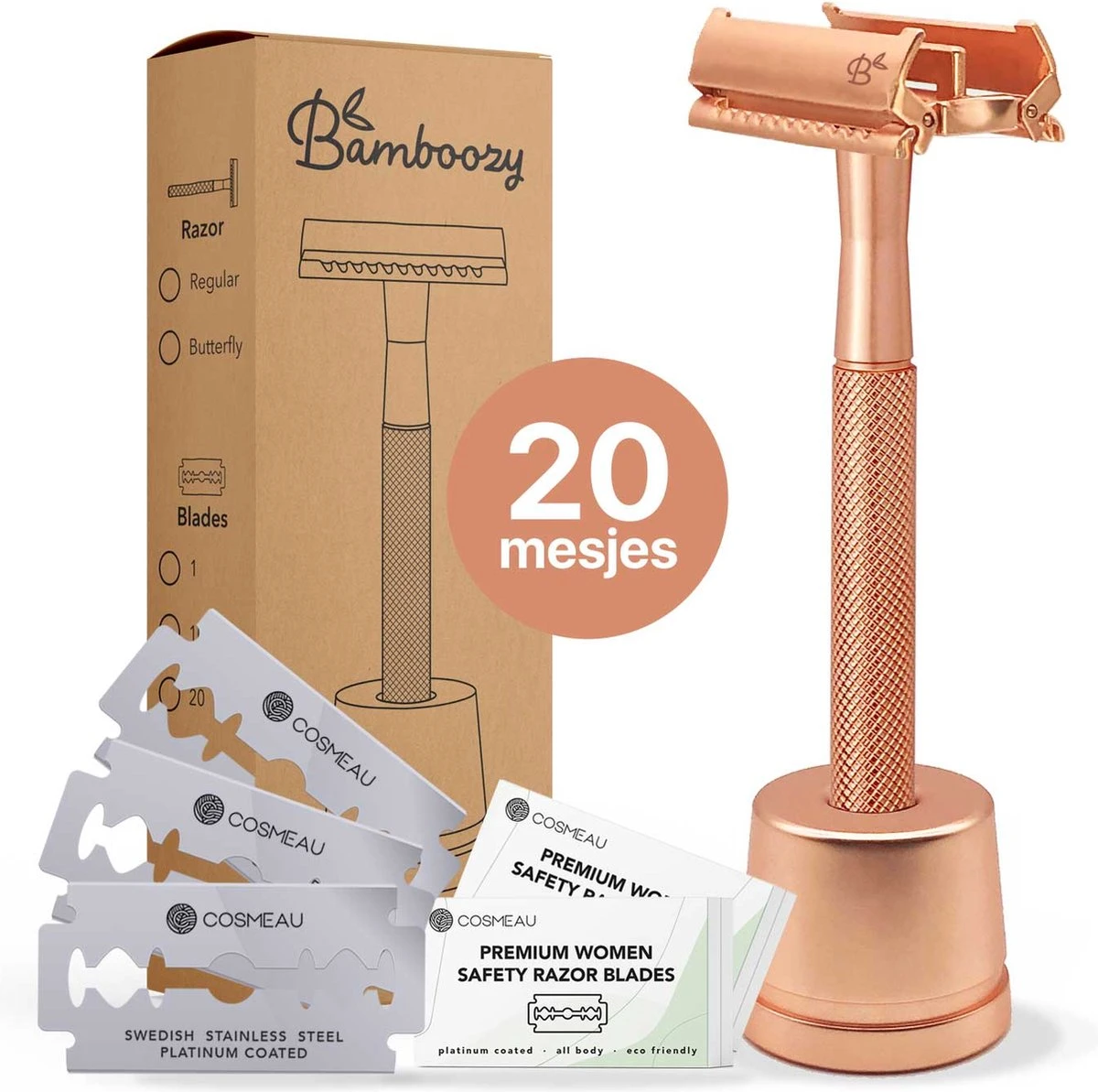 Bamboozy Safety Razor RVS Vlinder + Houder + 20 Scheermesjes Rose Gold Goud Voor Vrouwen Dames Mannen Double Edge Zero Waste Duurzaam Scheren 3 Bamboozy Safety Razor RVS Vlinder + Houder + 20 Scheermesjes Rose Gold Goud Voor Vrouwen Dames Mannen Double Edge Zero Waste Duurzaam Scheren