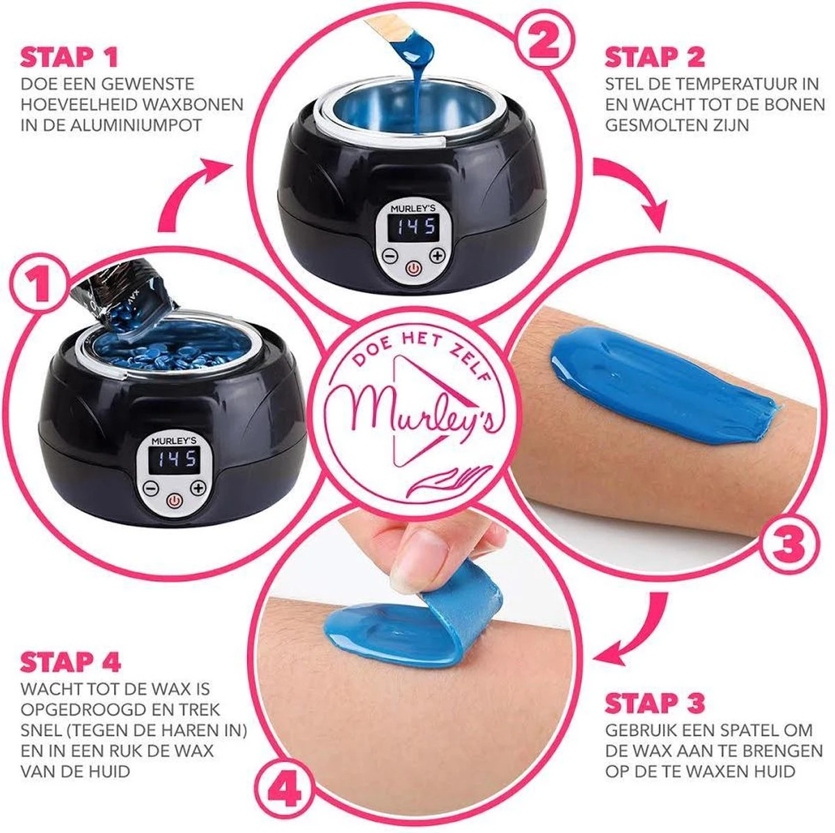 MURLEY'S Wax Apparaat Ontharing Set Incl. 500 Gram Waxbonen, Pre En Afterspray En 30 Houten Spatels Voor Lichaam En Gezicht. 6 MURLEY'S Wax Apparaat Ontharing Set Incl. 500 Gram Waxbonen, Pre En Afterspray En 30 Houten Spatels Voor Lichaam En Gezicht. - Afbeelding 4