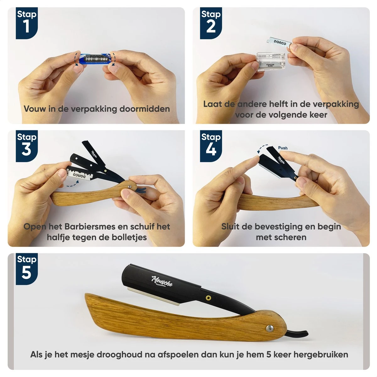 Mousche Barbiersmes Met 200 Scheermesjes - Klassiek Open Scheermes - Barber Mes - Shavette - Straight Razor - Klapmes - Nekmes - Kappersmes 10 Mousche Barbiersmes Met 200 Scheermesjes - Klassiek Open Scheermes - Barber Mes - Shavette - Straight Razor - Klapmes - Nekmes - Kappersmes - Afbeelding 8