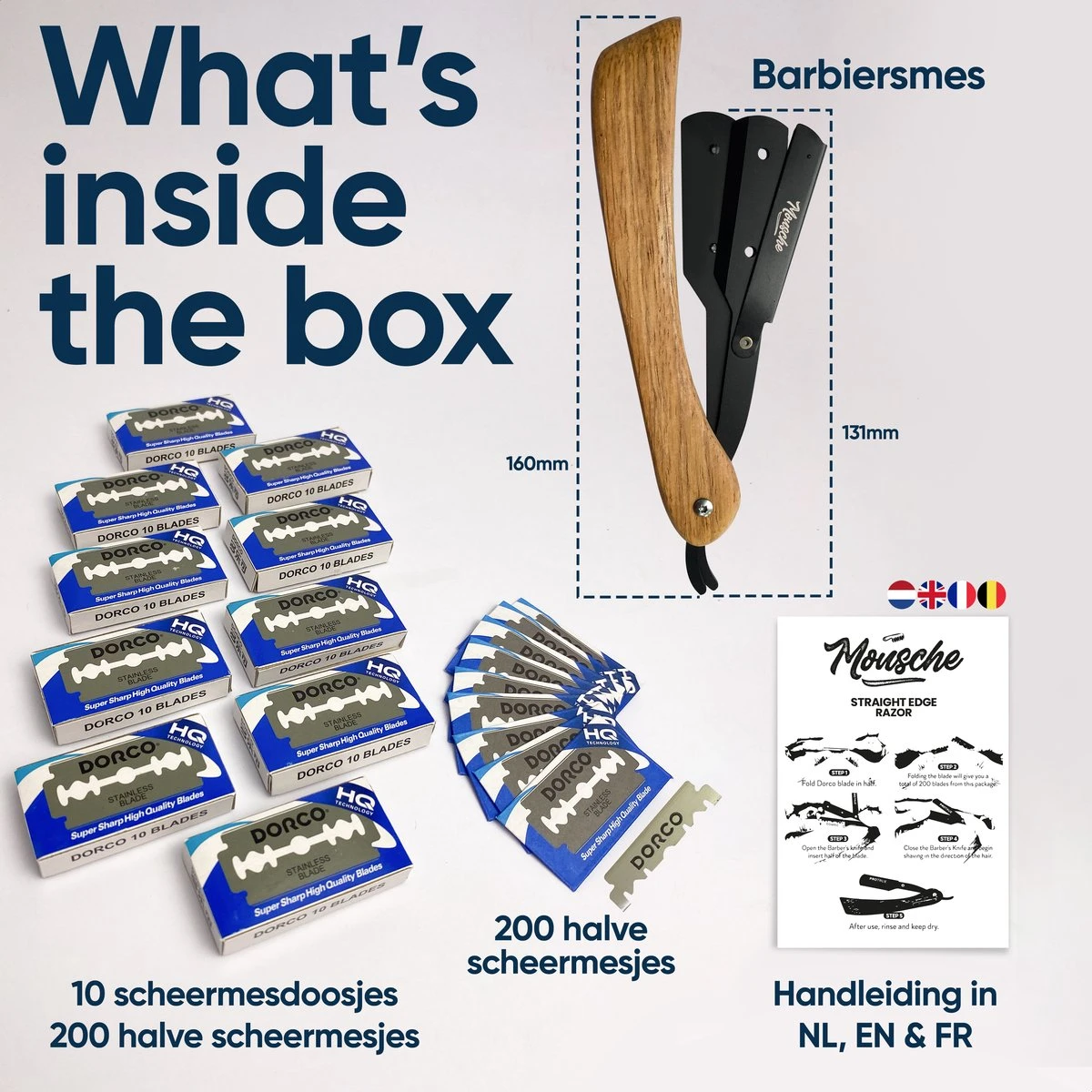 Mousche Barbiersmes Met 200 Scheermesjes - Klassiek Open Scheermes - Barber Mes - Shavette - Straight Razor - Klapmes - Nekmes - Kappersmes 12 Mousche Barbiersmes Met 200 Scheermesjes - Klassiek Open Scheermes - Barber Mes - Shavette - Straight Razor - Klapmes - Nekmes - Kappersmes - Afbeelding 10