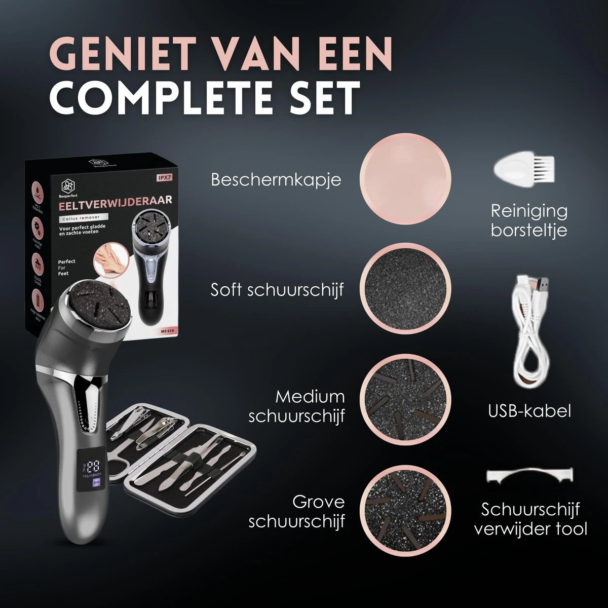 Beeperfect® Elektrische Eeltverwijderaar Met Stofzuigsysteem - Voetvijl - Eeltvijl - IPX7 Waterdicht - Gratis Pedicure Set - Zwart 8 Beeperfect® Elektrische Eeltverwijderaar Met Stofzuigsysteem - Voetvijl - Eeltvijl - IPX7 Waterdicht - Gratis Pedicure Set - Zwart - Afbeelding 6