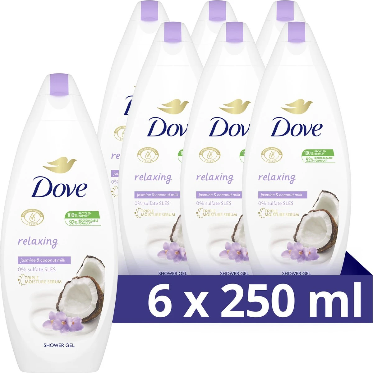 Dove Kokosmelk & Jasmijnblaadjes Relaxing Douchegel - Voordeelverpakking - 6 X 250 Ml 3 Dove Kokosmelk & Jasmijnblaadjes Relaxing Douchegel - Voordeelverpakking - 6 X 250 Ml