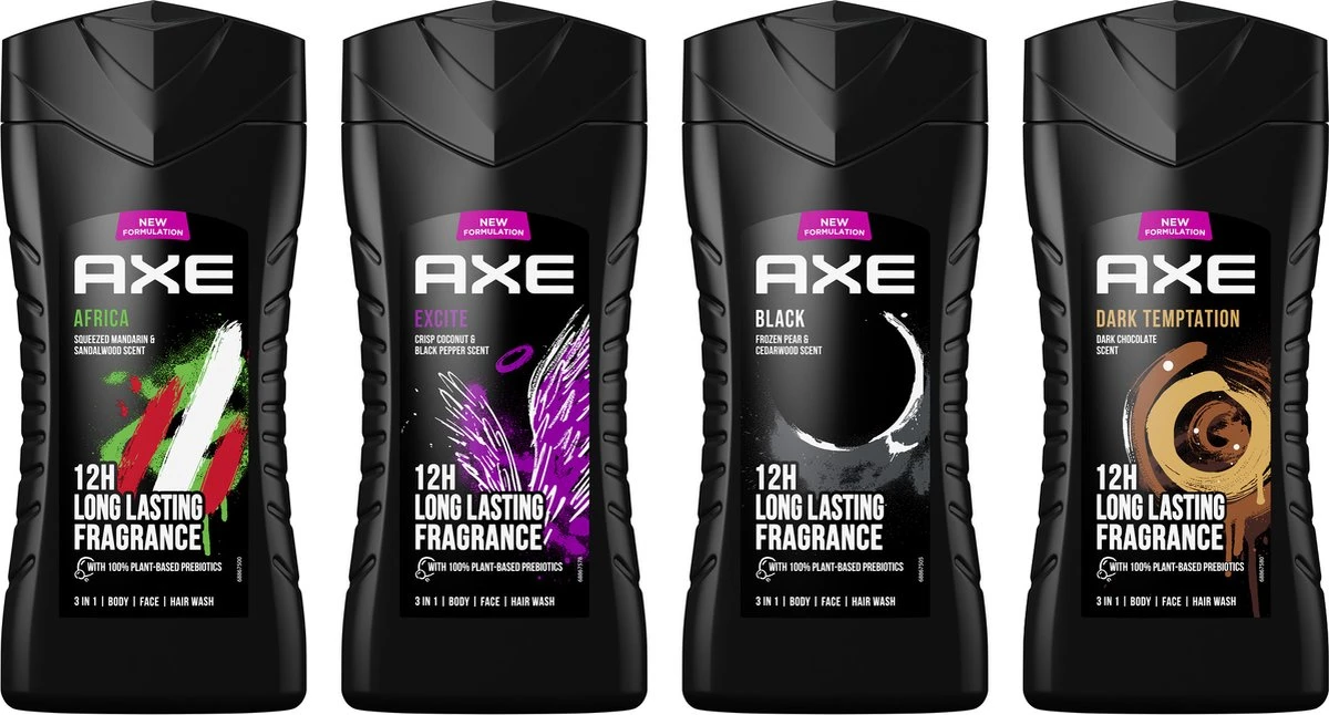 Axe Africa + Black + Dark Temptation + Excite 3-in-1 Douchegels - 4 X 250 Ml - Voordeelverpakking 4 Axe Africa + Black + Dark Temptation + Excite 3-in-1 Douchegels - 4 X 250 Ml - Voordeelverpakking - Afbeelding 2