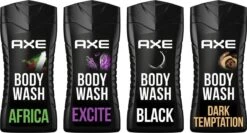 Axe Africa + Black + Dark Temptation + Excite 3-in-1 Douchegels - 4 X 250 Ml - Voordeelverpakking