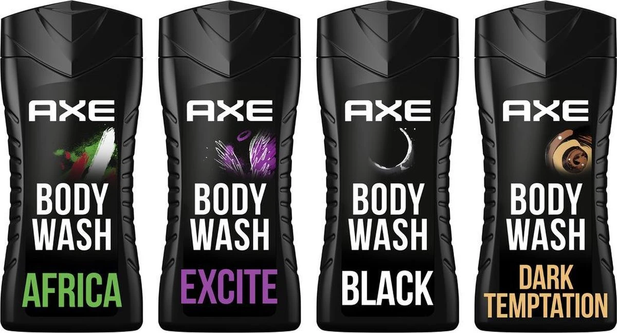 Axe Africa + Black + Dark Temptation + Excite 3-in-1 Douchegels - 4 X 250 Ml - Voordeelverpakking 3 Axe Africa + Black + Dark Temptation + Excite 3-in-1 Douchegels - 4 X 250 Ml - Voordeelverpakking