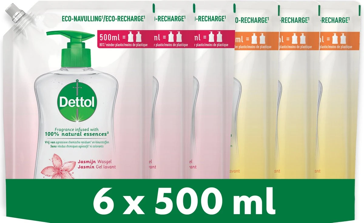 Dettol - 3L Handzeep Navulling - Antibacterieel - Jasmijn 3x500ml - Citrus 3x500ml - Voordeelverpakking 3 Dettol - 3L Handzeep Navulling - Antibacterieel - Jasmijn 3x500ml - Citrus 3x500ml - Voordeelverpakking