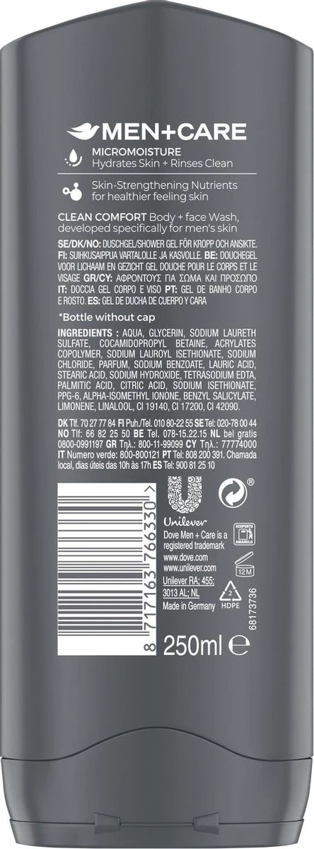 Dove Men+Care Clean Comfort Verzorgende Douchegel - 6 X 250 Ml - Voordeelverpakking 5 Dove Men+Care Clean Comfort Verzorgende Douchegel - 6 X 250 Ml - Voordeelverpakking - Afbeelding 3