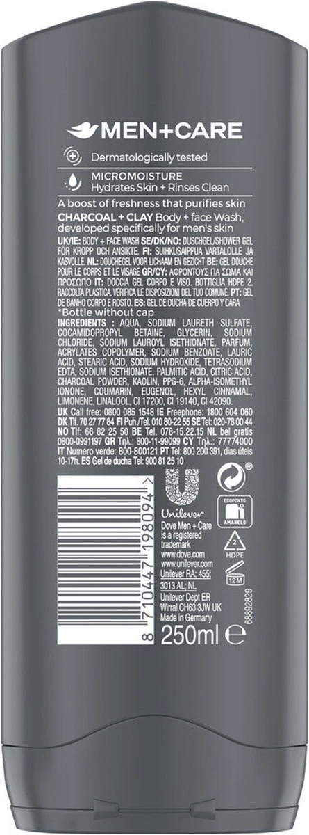 Dove Men+Care Douchegel Man Charcoal & Clay - 6 X 250 Ml - Voordeelverpakking 7 Dove Men+Care Douchegel Man Charcoal & Clay - 6 X 250 Ml - Voordeelverpakking - Afbeelding 5