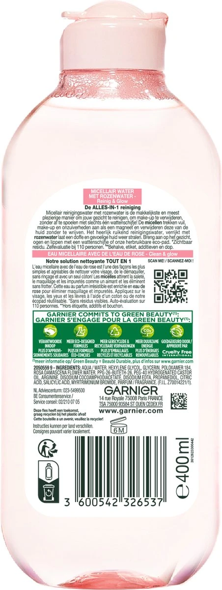 Garnier Skinactive Micellair Reinigingswater Met Rozenwater - 400 Ml 4 Garnier Skinactive Micellair Reinigingswater Met Rozenwater - 400 Ml - Afbeelding 2