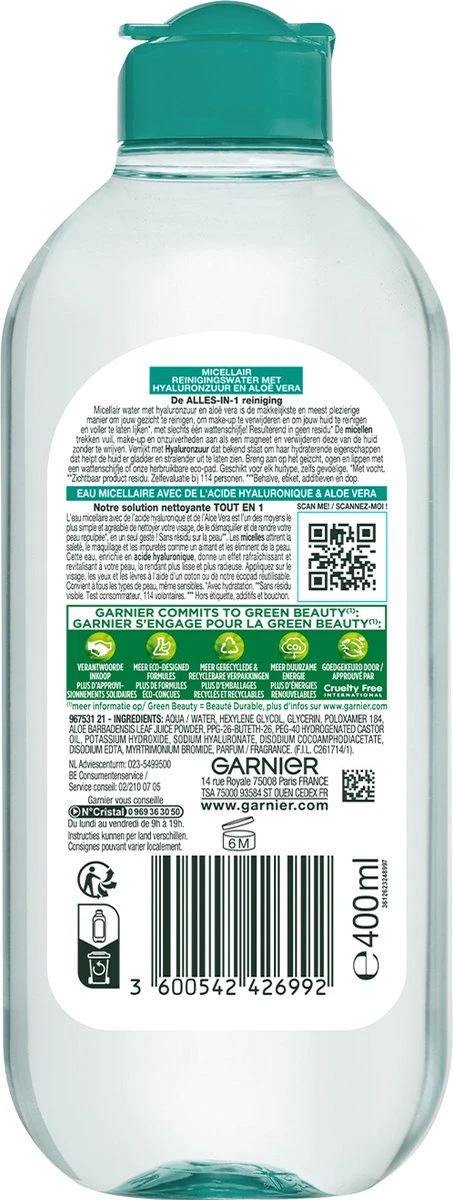 Garnier SkinActive Micellair Reinigingswater Met Hyaluronzuur & Aloë Vera - 6 X 400ml 4 Garnier SkinActive Micellair Reinigingswater Met Hyaluronzuur & Aloë Vera - 6 X 400ml - Afbeelding 2