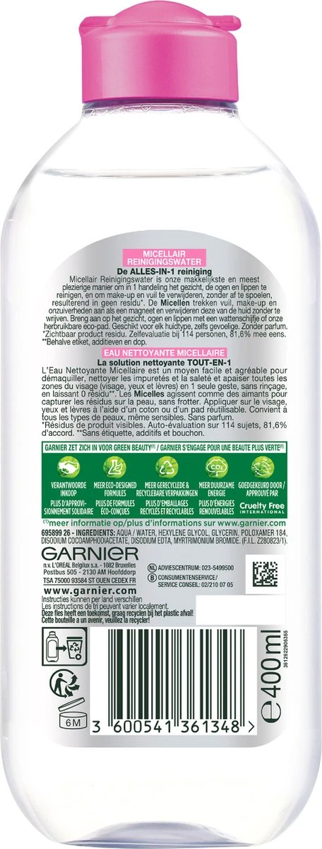 Garnier SkinActive Micellair Reinigingswater - Gevoelige Huid - 400 Ml 4 Garnier SkinActive Micellair Reinigingswater - Gevoelige Huid - 400 Ml - Afbeelding 2
