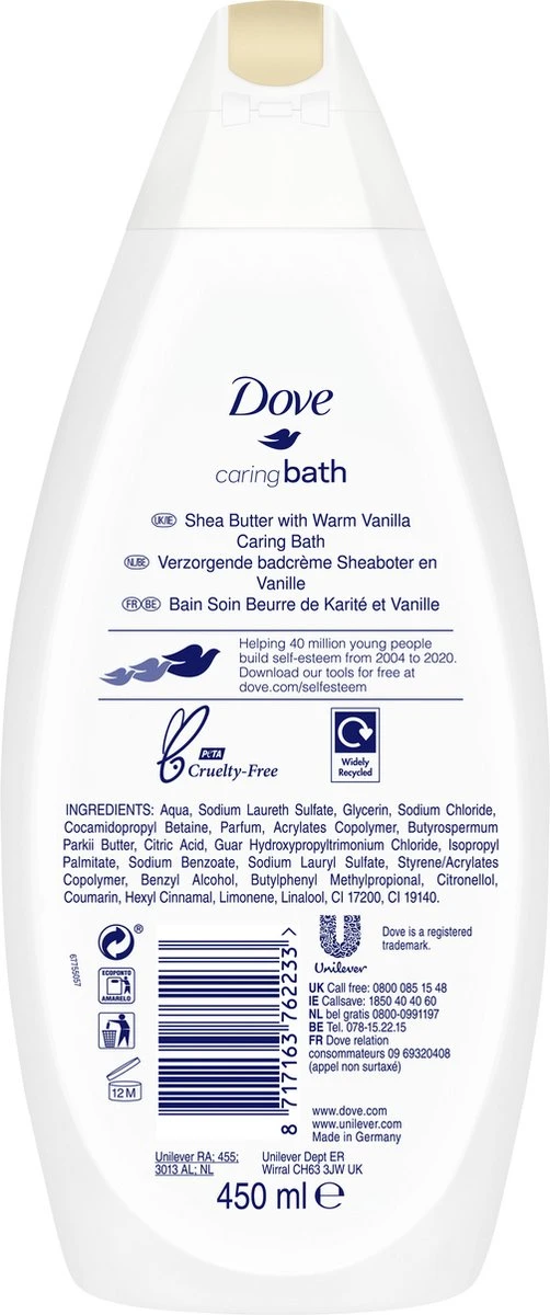 Dove Caring Bath Sheaboter & Vanille Badcrème - 6 X 450 Ml - Voordeelverpakking 5 Dove Caring Bath Sheaboter & Vanille Badcrème - 6 X 450 Ml - Voordeelverpakking - Afbeelding 3