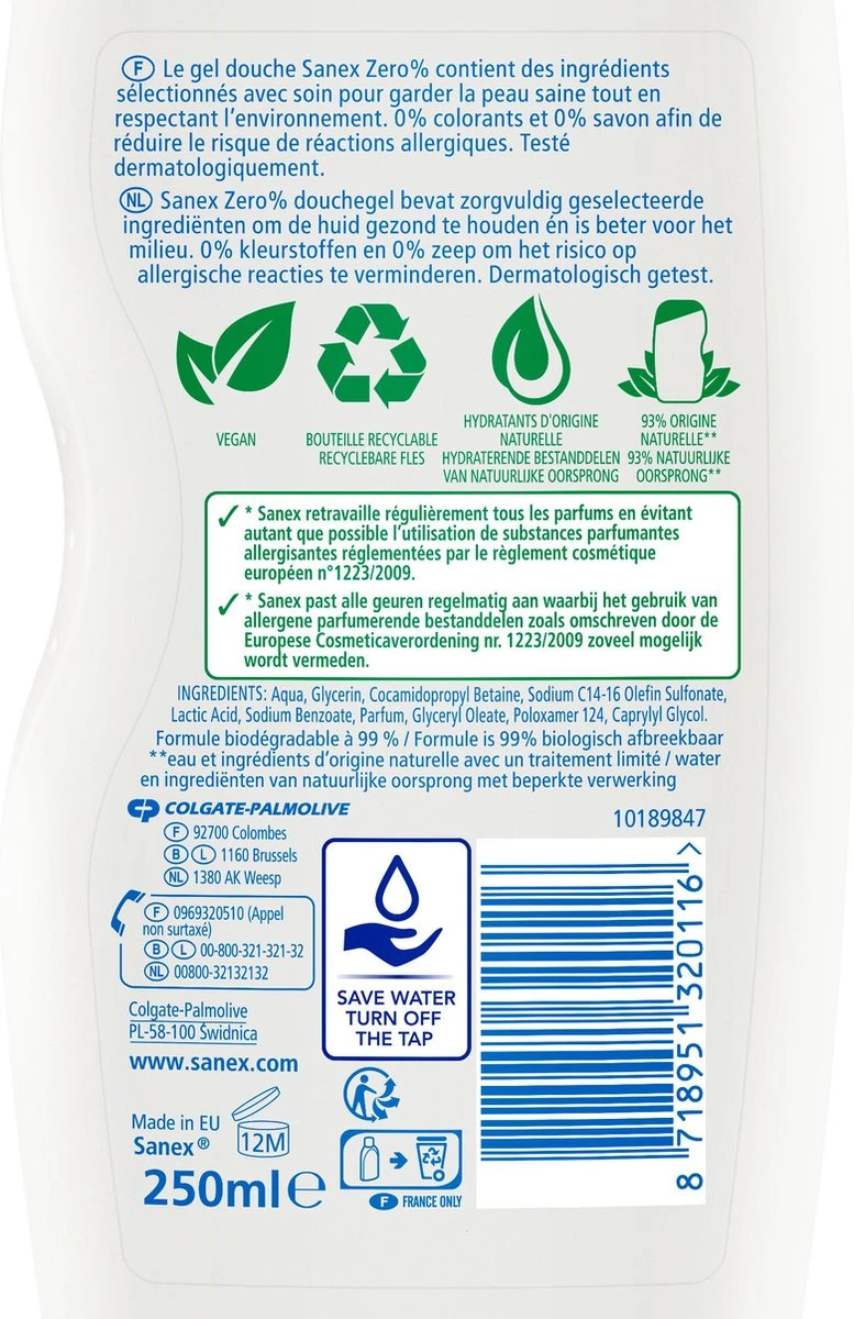 Sanex Zero% Droge Huid Douchegel - 6 X 250ml - Voordeelverpakking 5 Sanex Zero% Droge Huid Douchegel - 6 X 250ml - Voordeelverpakking - Afbeelding 3