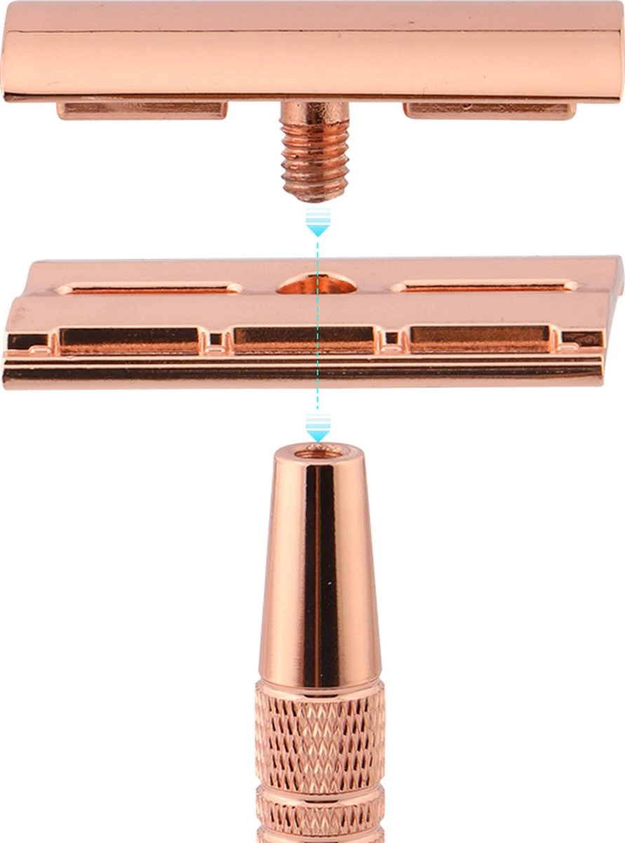 Safety Razor Scheermes + 20 Scheermesjes - Aluminium - Rose - Double Blade 4 Safety Razor Scheermes + 20 Scheermesjes - Aluminium - Rose - Double Blade - Afbeelding 2