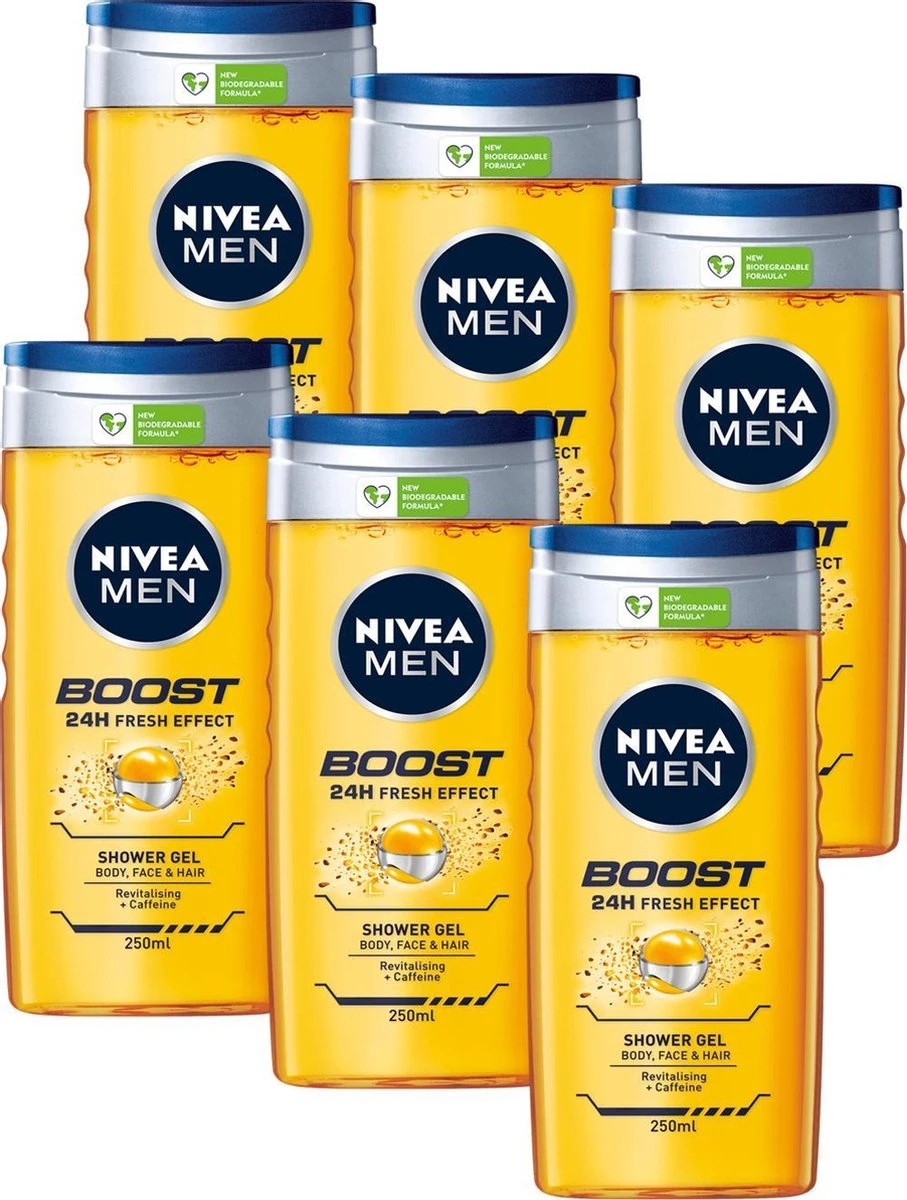 NIVEA MEN Boost Douchegel - 6 X 250 ML - Voordeelverpakking 3 NIVEA MEN Boost Douchegel - 6 X 250 ML - Voordeelverpakking