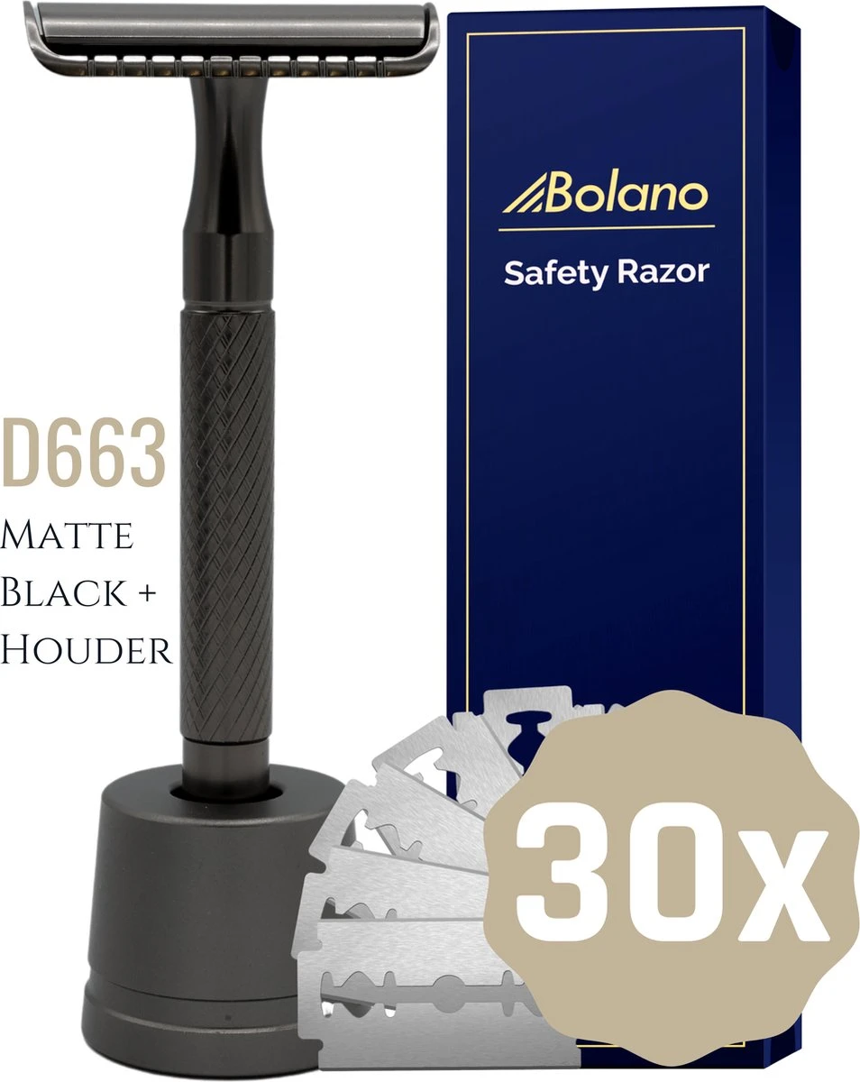 Bolano® Safety Razor Set Mat Zwart + 30 Double Edge Scheermesjes + Houder- Klassiek Scheermes Voor Mannen En Vrouwen - D663 3 Bolano® Safety Razor Set Mat Zwart + 30 Double Edge Scheermesjes + Houder- Klassiek Scheermes Voor Mannen En Vrouwen - D663