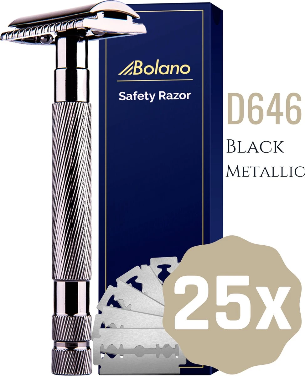 Bolano® Safety Razor Black Metallic + 25 Double Edge Scheermesjes - Klassiek Scheermes Voor Mannen En Vrouwen - Messing 3 Bolano® Safety Razor Black Metallic + 25 Double Edge Scheermesjes - Klassiek Scheermes Voor Mannen En Vrouwen - Messing
